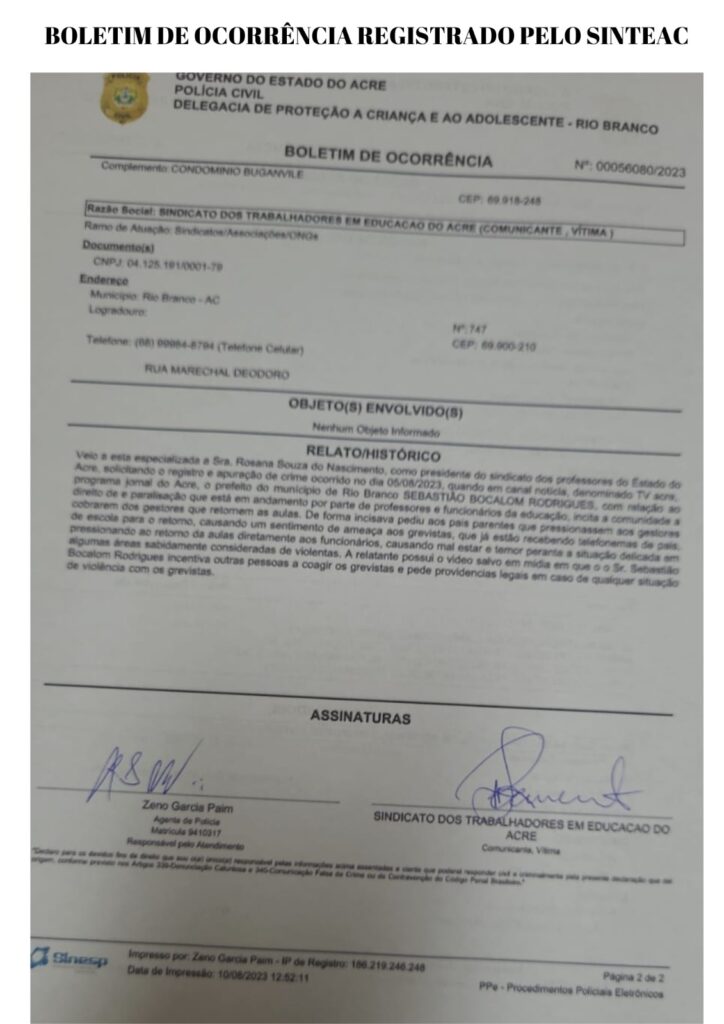 Sinteac registra BO contra Bocalom após ele incitar a comunidade a pressionar profissionais em educação