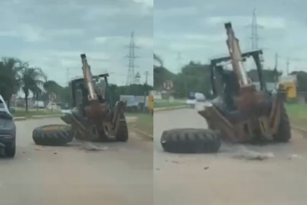 Internauta tem vídeo interrompido após roda de trator que presta serviço para prefeitura de Rio Branco cair em via pública