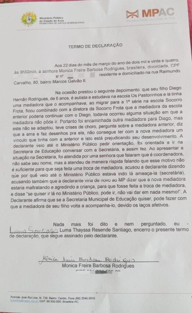 Em Brasiléia, escola quebra acordo, não mantém mediadora de criança com TEA e mãe leva o caso para o MPAC
