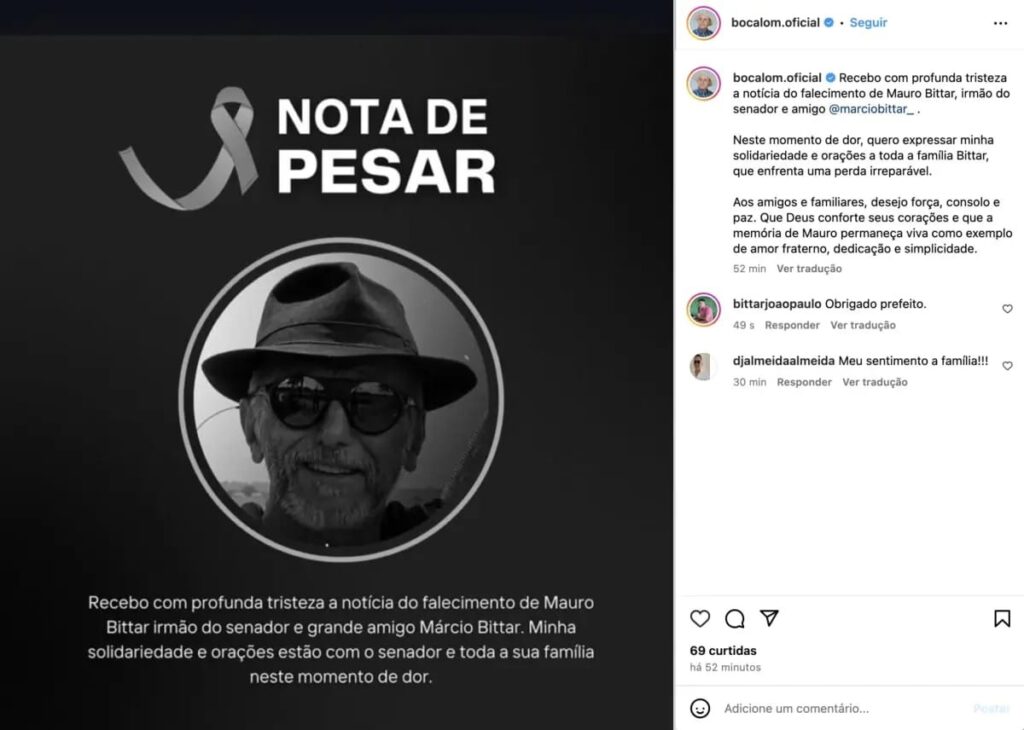 Prefeito Tião Bocalom lamenta a perda de Mauro Bittar