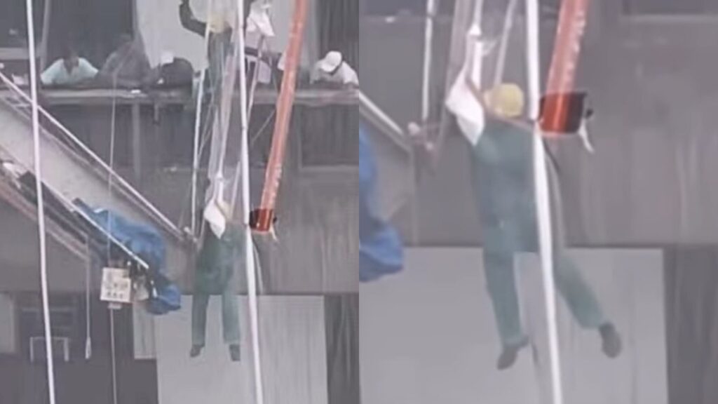 Andaime se solta e operário fica pendurado em fachada de prédio no Rio de Janeiro