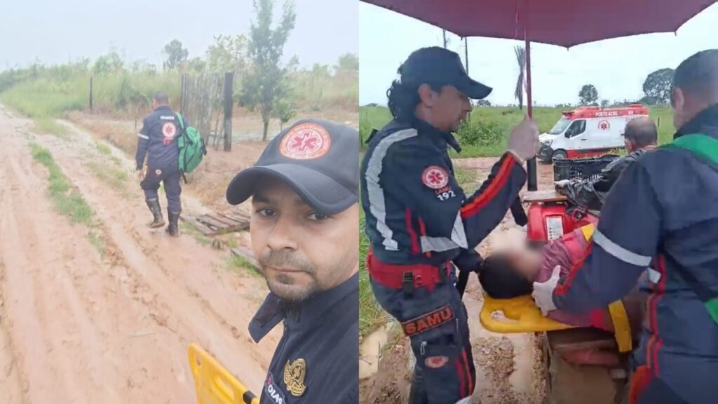 Samu enfrenta lama e percorre mais de 200 metros a pé para socorrer paciente na zona rural de Porto Acre
