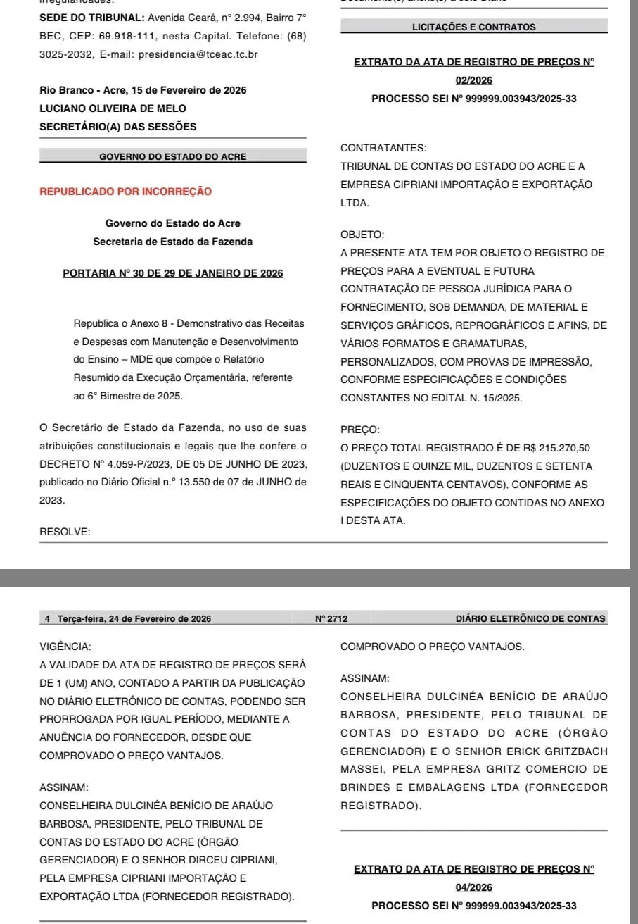 TCE-AC registra preços de R$ 215 mil para serviços gráficos; contrato tem validade de um ano