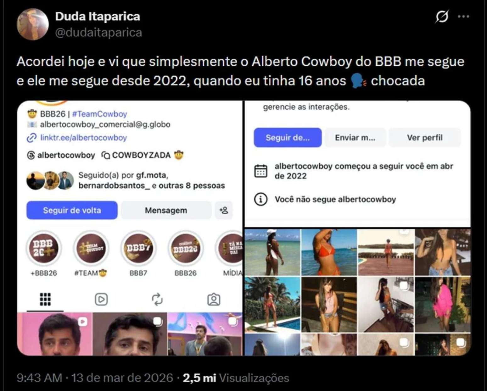 BBB 26: Bomba! Jovem revela que Alberto Cowboy mandava mensagens: 'Tinha 16 anos' BBB 26: Bomba! Jovem revela que Alberto Cowboy mandava mensagens: 'Tinha 16 anos'
