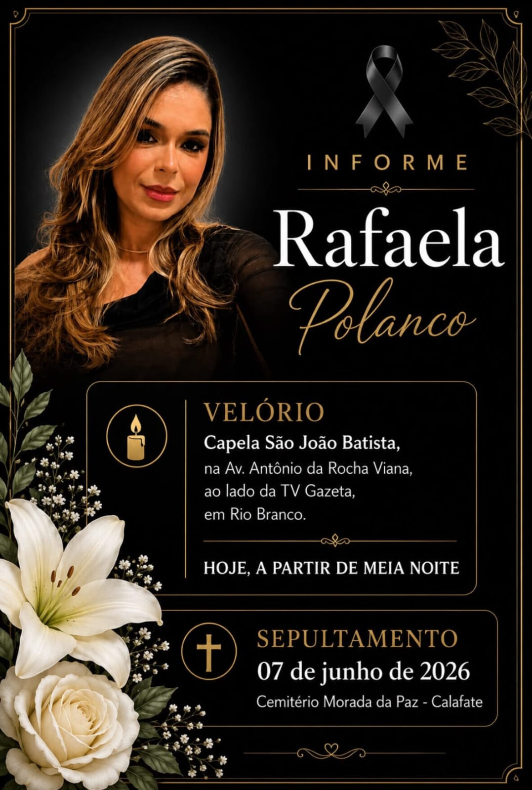 Último adeus: Corpo de Rafaela Polanco é velado em Rio Branco; sepultamento ocorre neste domingo Último adeus: Corpo de Rafaela Polanco é velado em Rio Branco; sepultamento ocorre neste domingo