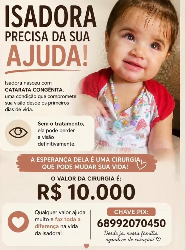Família faz campanha para arrecadar R$ 10 mil e salvar visão de bebê de 11 meses