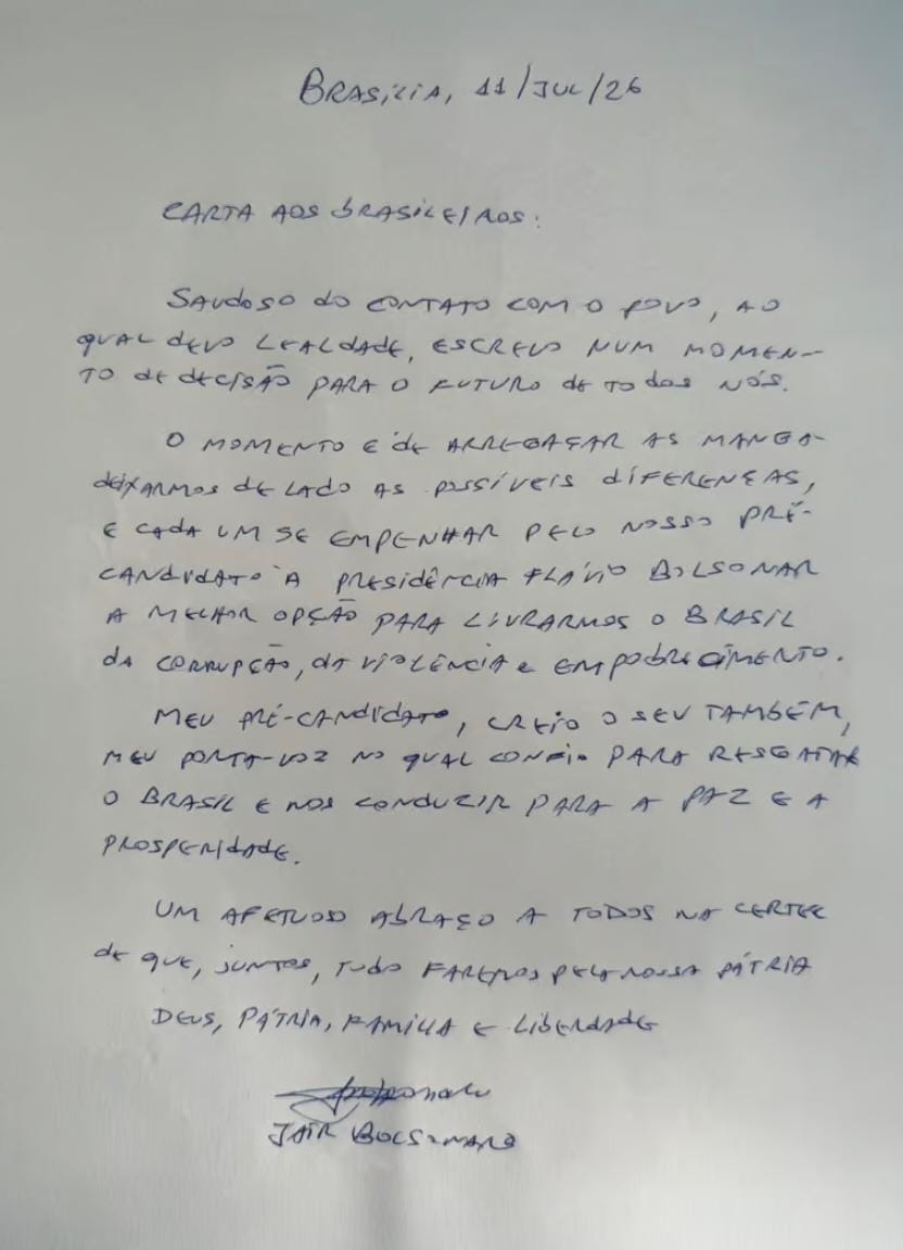 Em carta, Bolsonaro pede união e confirma Flávio como “porta-voz” em meio a crise familiar
