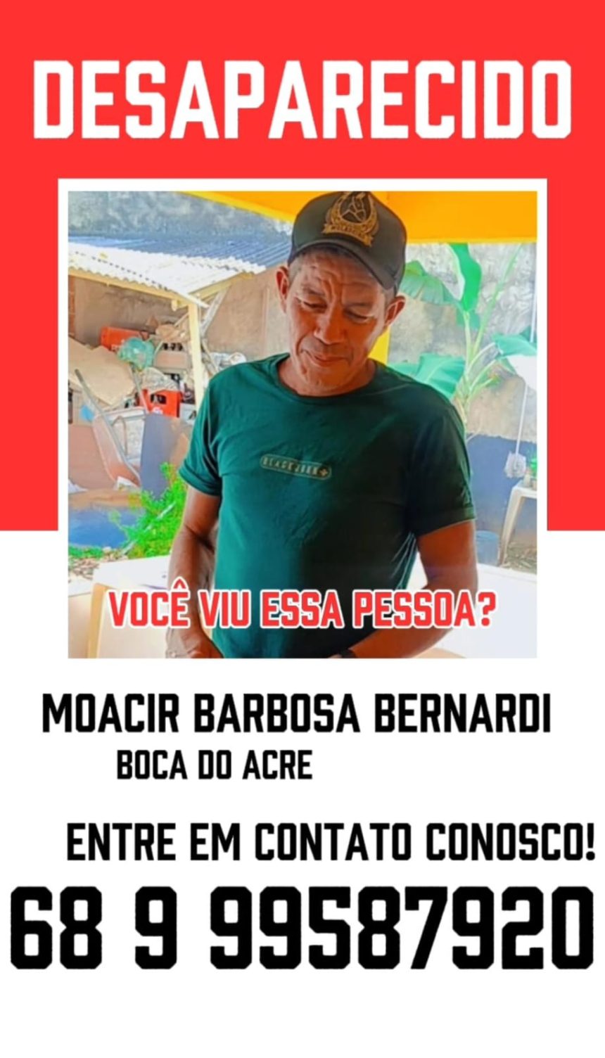 Trabalhador desaparece após sair de fazenda na Estrada de Boca do Acre; família pede ajuda para localizá-lo Trabalhador desaparece após sair de fazenda na Estrada de Boca do Acre; família pede ajuda para localizá-lo