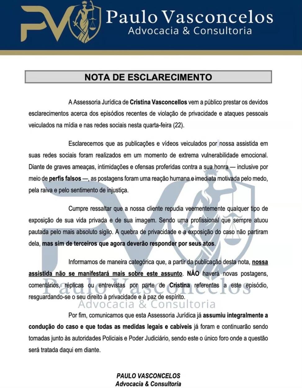 Defesa de Cristiane Vasconcelos confirma ameaças e diz que caso será resolvido apenas na Justiça