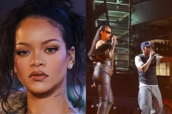Rihanna retorna aos palcos e faz aparição surpresa em show de Jay-Z Rihanna retorna aos palcos e faz aparição surpresa em show de Jay-Z