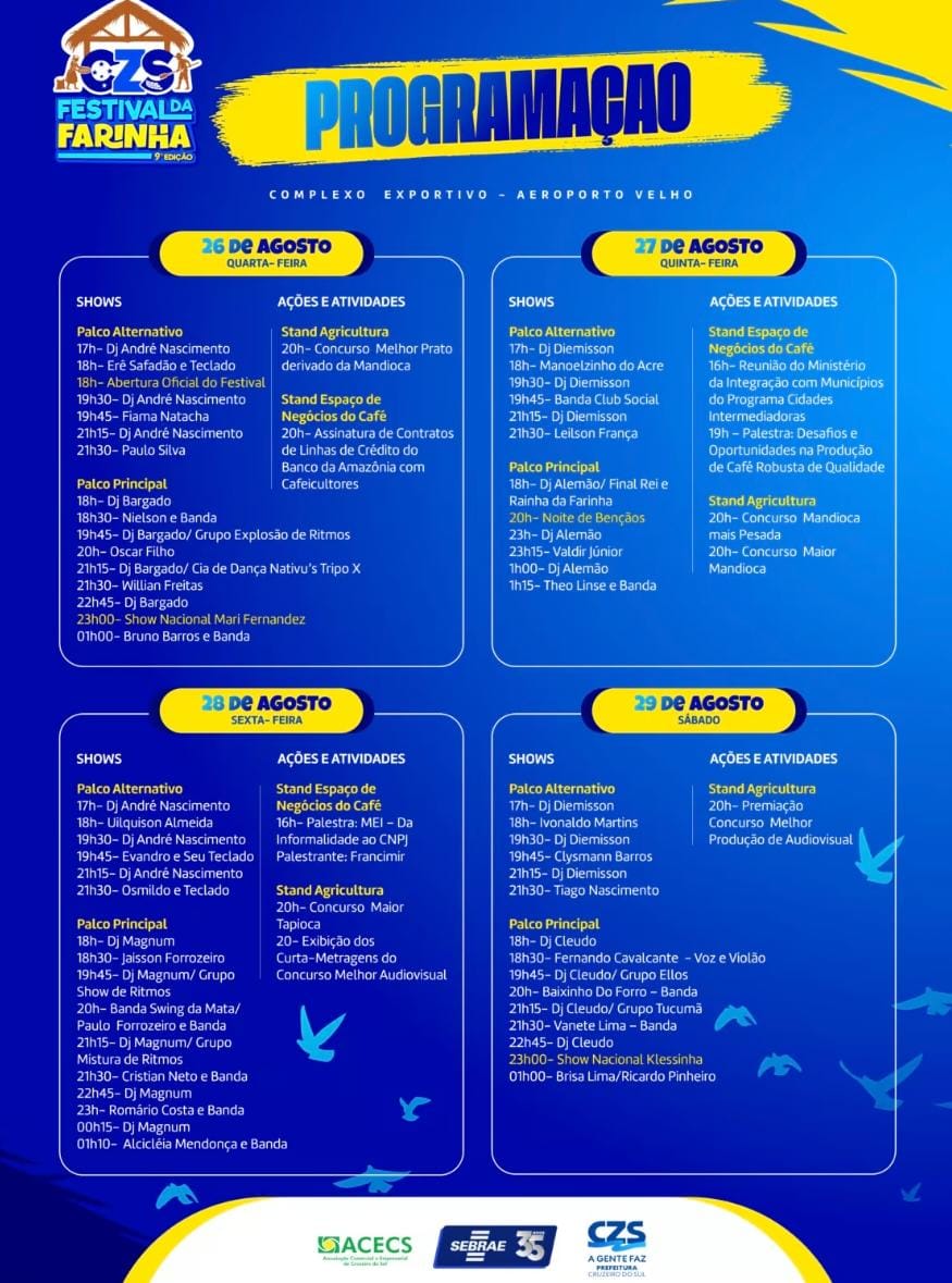 9º Festival da Farinha de Cruzeiro do Sul: confira a programação completa 9º Festival da Farinha de Cruzeiro do Sul: confira a programação completa