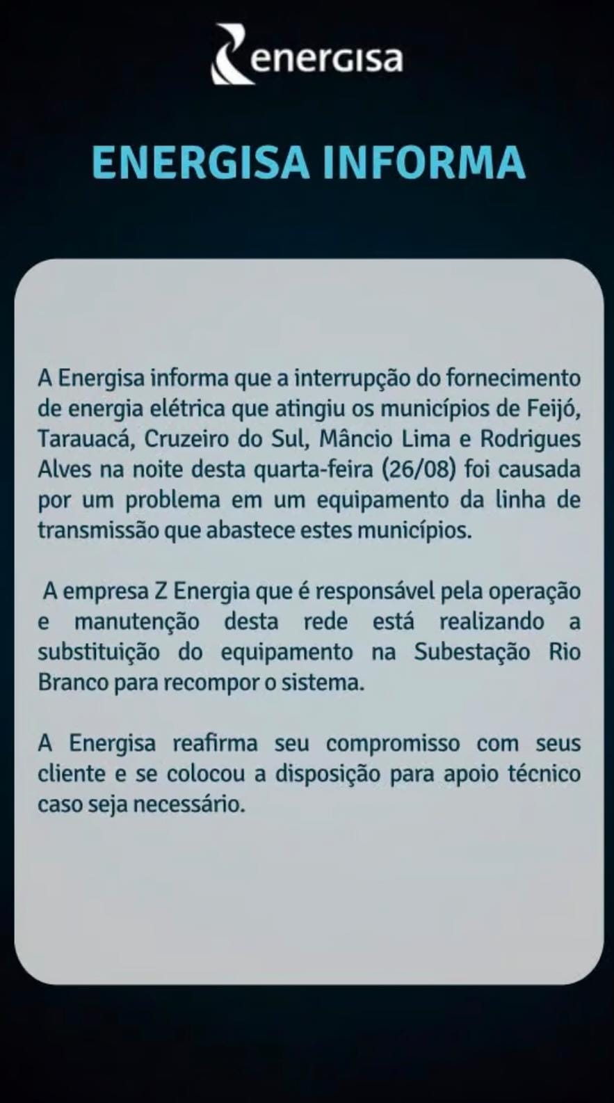 Apagão atinge cinco municípios do interior do Acre; falha em equipamento da linha de transmissão é a causa