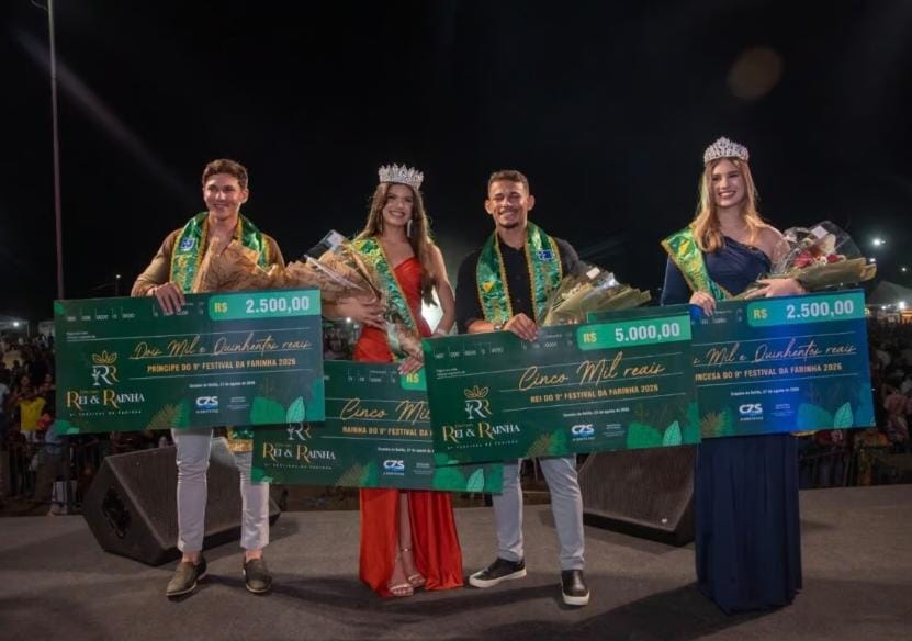 Ricardo Caetano e Tácila Negreiros são eleitos Rei e Rainha do Festival da Farinha 2026 em disputa com 16 candidatos e premiação superior a R$ 35 mil Ricardo Caetano e Tácila Negreiros são eleitos Rei e Rainha do Festival da Farinha 2026 em disputa com 16 candidatos e premiação superior a R$ 35 mil