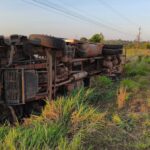 Falha mecânica faz caminhão com 80 suínos tombar na BR-317