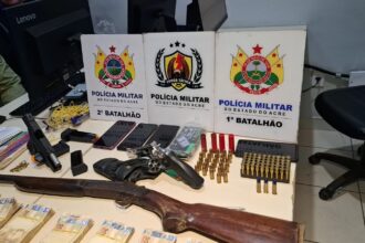 Polícia apreende armas, munições, fardamentos militares e R$ 56 mil em investigação sobre agiotagem em Rio Branco Polícia apreende armas, munições, fardamentos militares e R$ 56 mil em investigação sobre agiotagem em Rio Branco