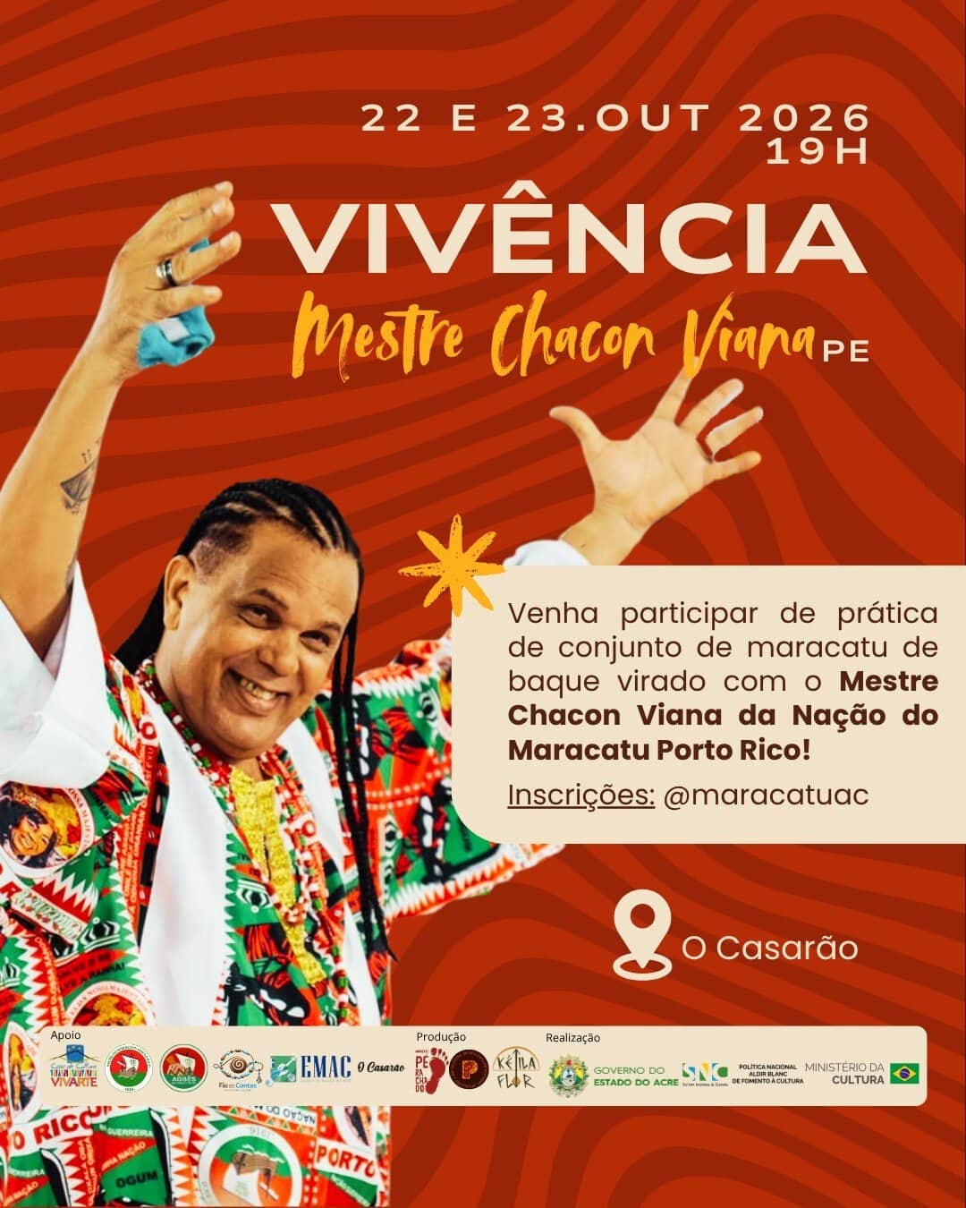 Pela primeira vez no Acre, Mestre Chacon Viana traz saberes do Maracatu Porto Rico para Rio Branco