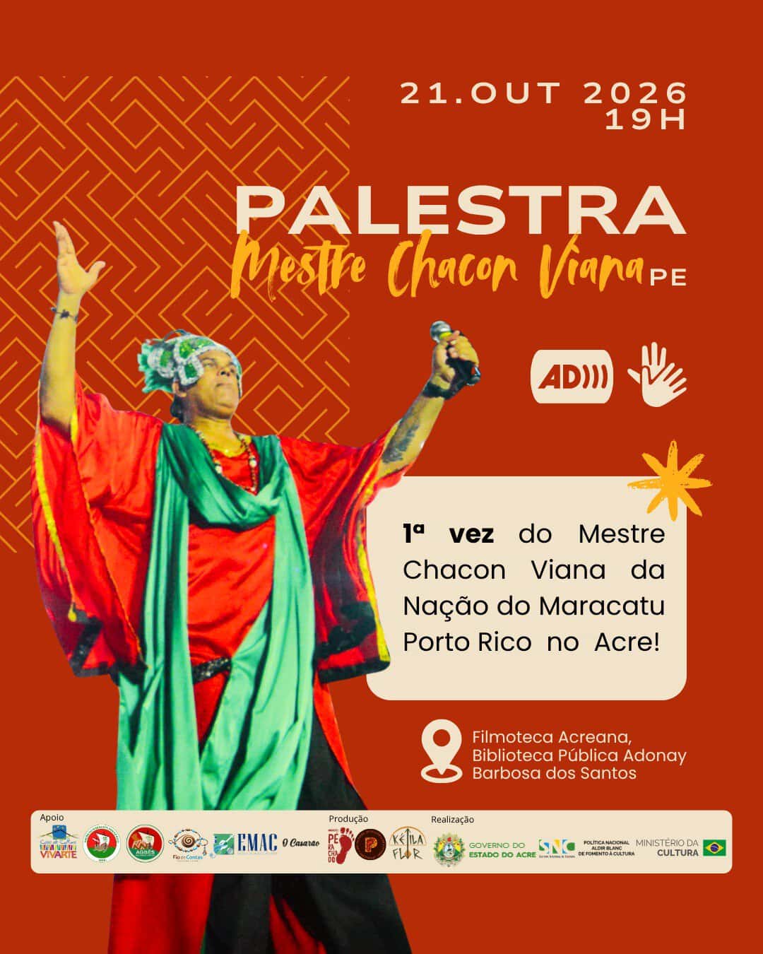 Pela primeira vez no Acre, Mestre Chacon Viana traz saberes do Maracatu Porto Rico para Rio Branco
