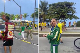 Cena com homem negro conduzido por corrente gera repúdio em ato de encerramento de campanha de Flávio Bolsonaro Cena com homem negro conduzido por corrente gera repúdio em ato de encerramento de campanha de Flávio Bolsonaro