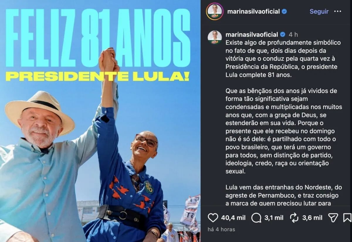 Marina Silva celebra aniversário e vitória de Lula: Marina Silva celebra aniversário e vitória de Lula: